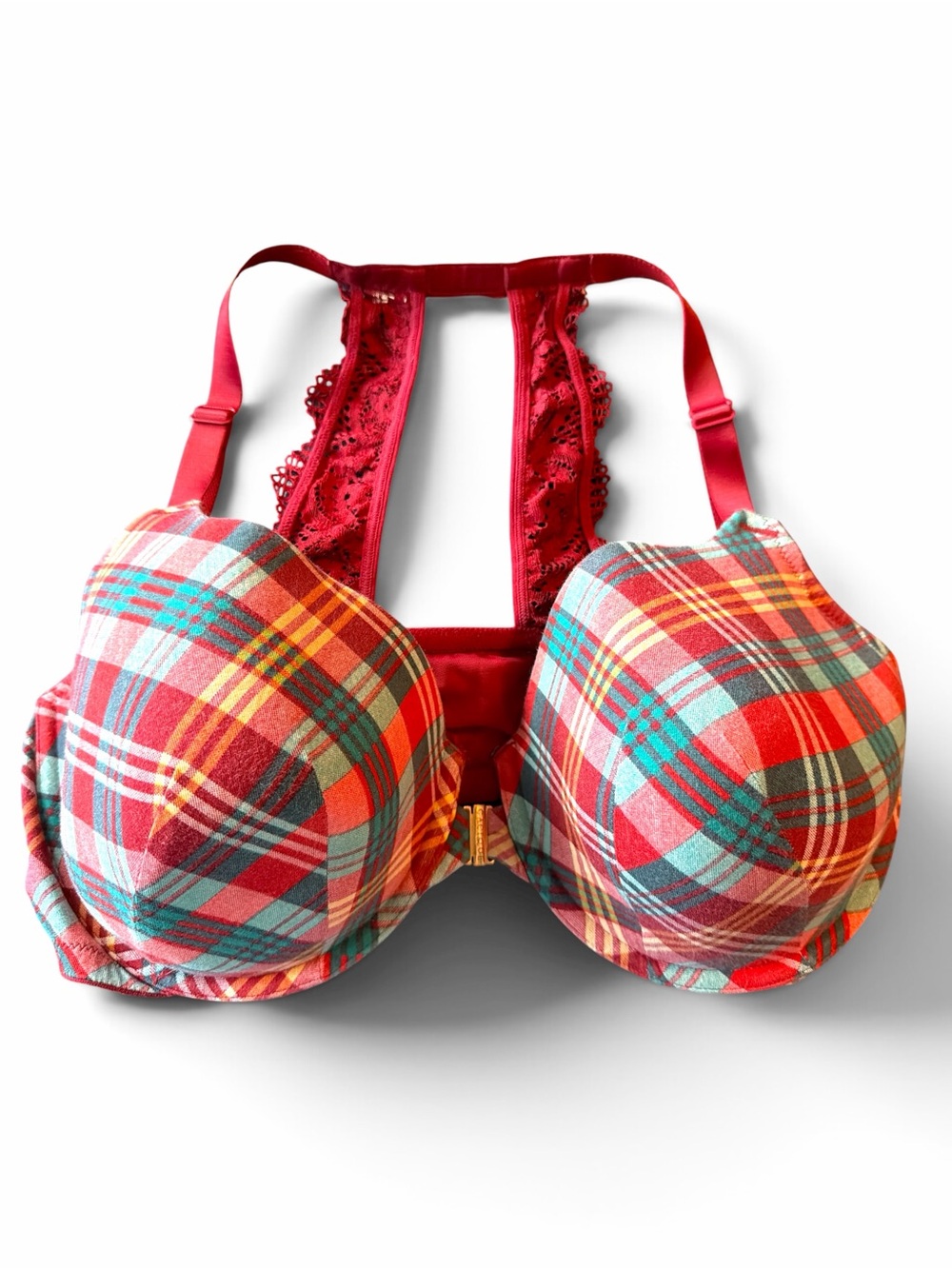 Cacique Lane Bryant Red Plaid Front-Close Lace Racerback Bra 42DDD